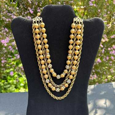 Vintage Multiple Strips Chain Gold Tone Beads Rhi… - image 1