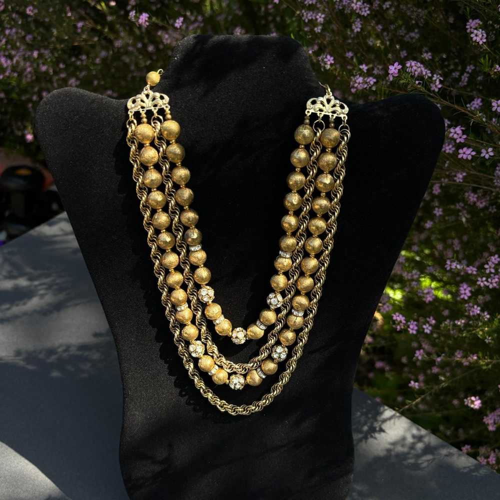 Vintage Multiple Strips Chain Gold Tone Beads Rhi… - image 2