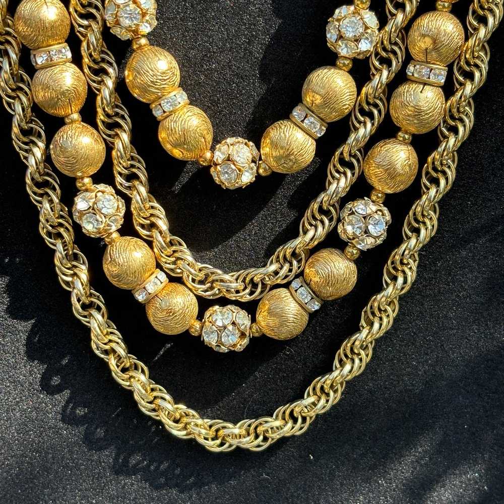 Vintage Multiple Strips Chain Gold Tone Beads Rhi… - image 3