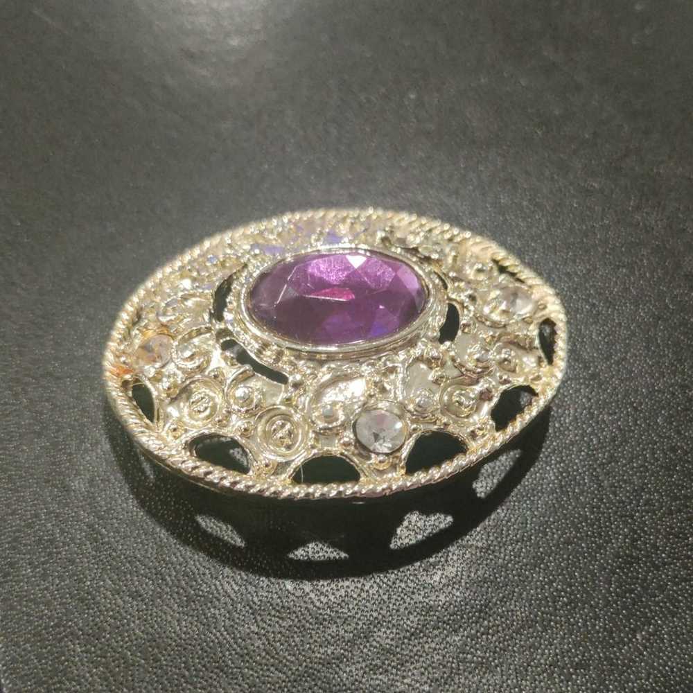 Vintage Oval Brooch with Amethyst Cabachon - image 2