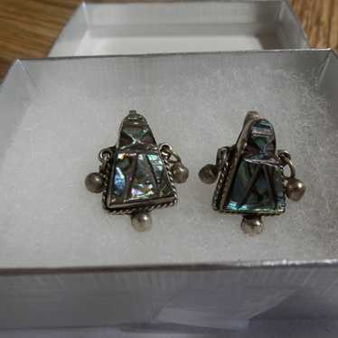 Vintage Taxco Aztec Earrings Abalone /Sterling Si… - image 1