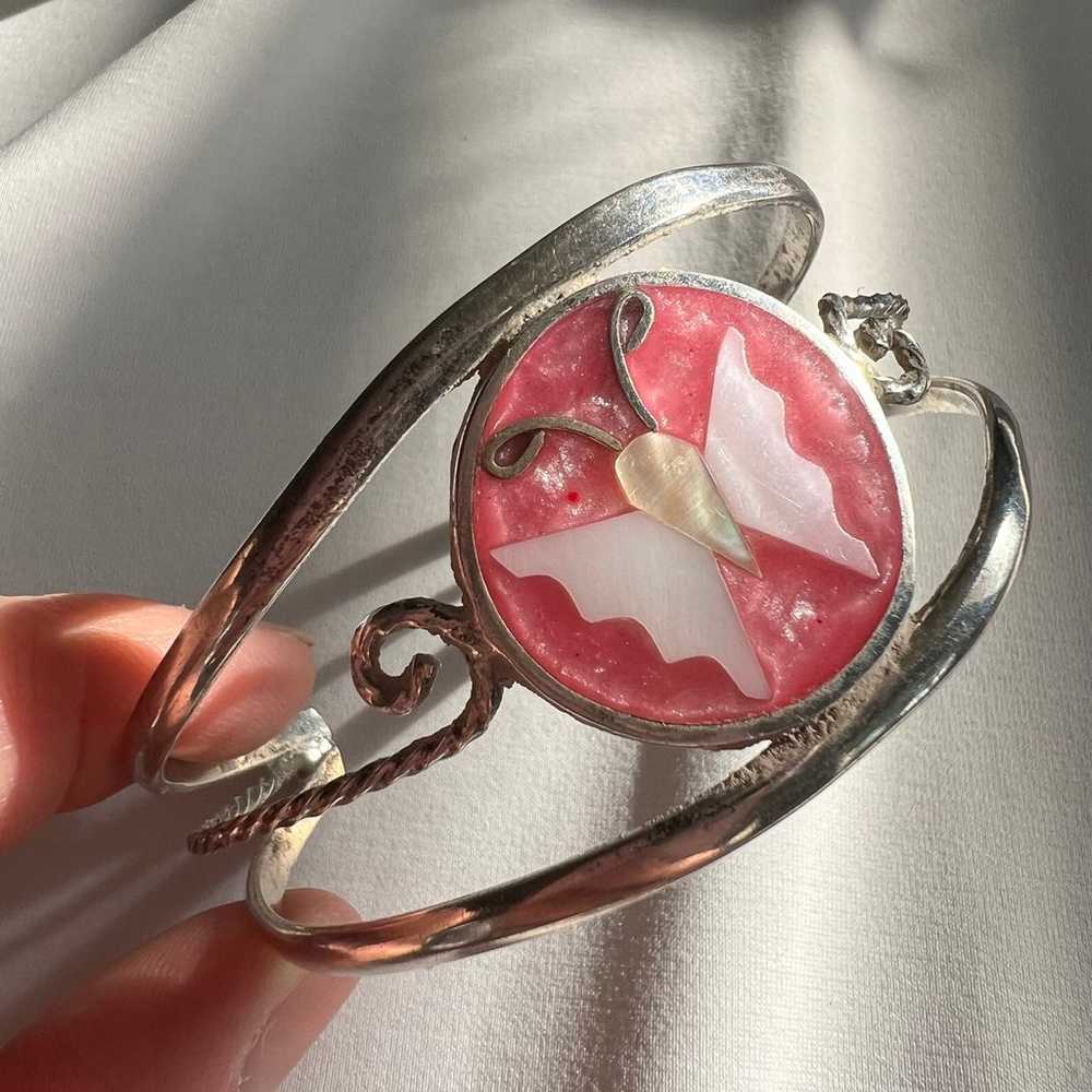 Mother of Pearl Pink Butterfly Silver Tone Mexico… - image 1