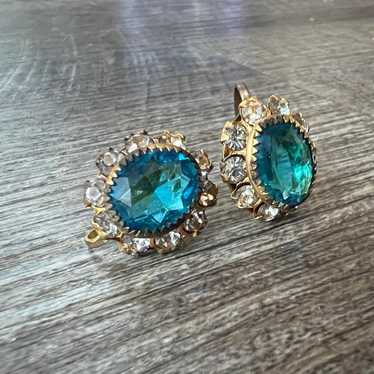 Vintage Aqua Glass Gem Clip On Earrings - image 1