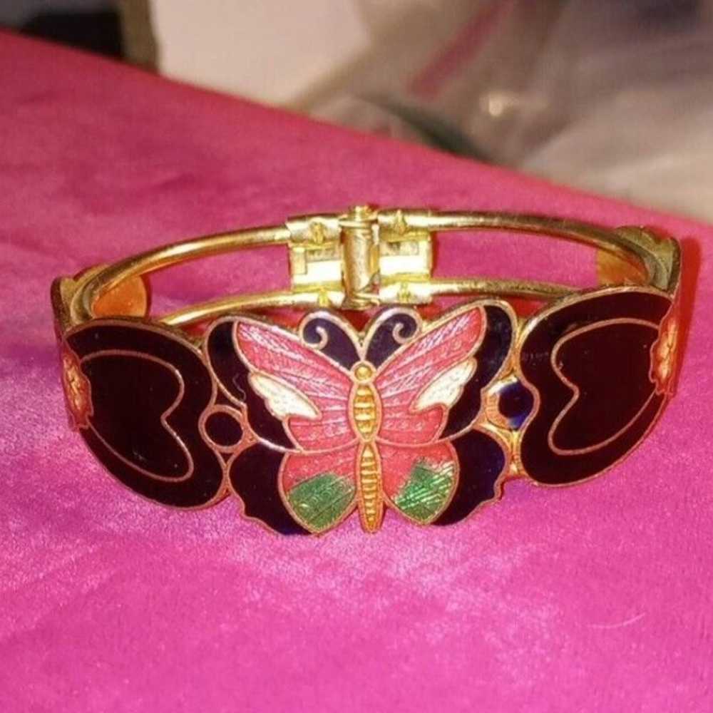 Vintage Cloisonné Gilded Purple Black Butterfly H… - image 1