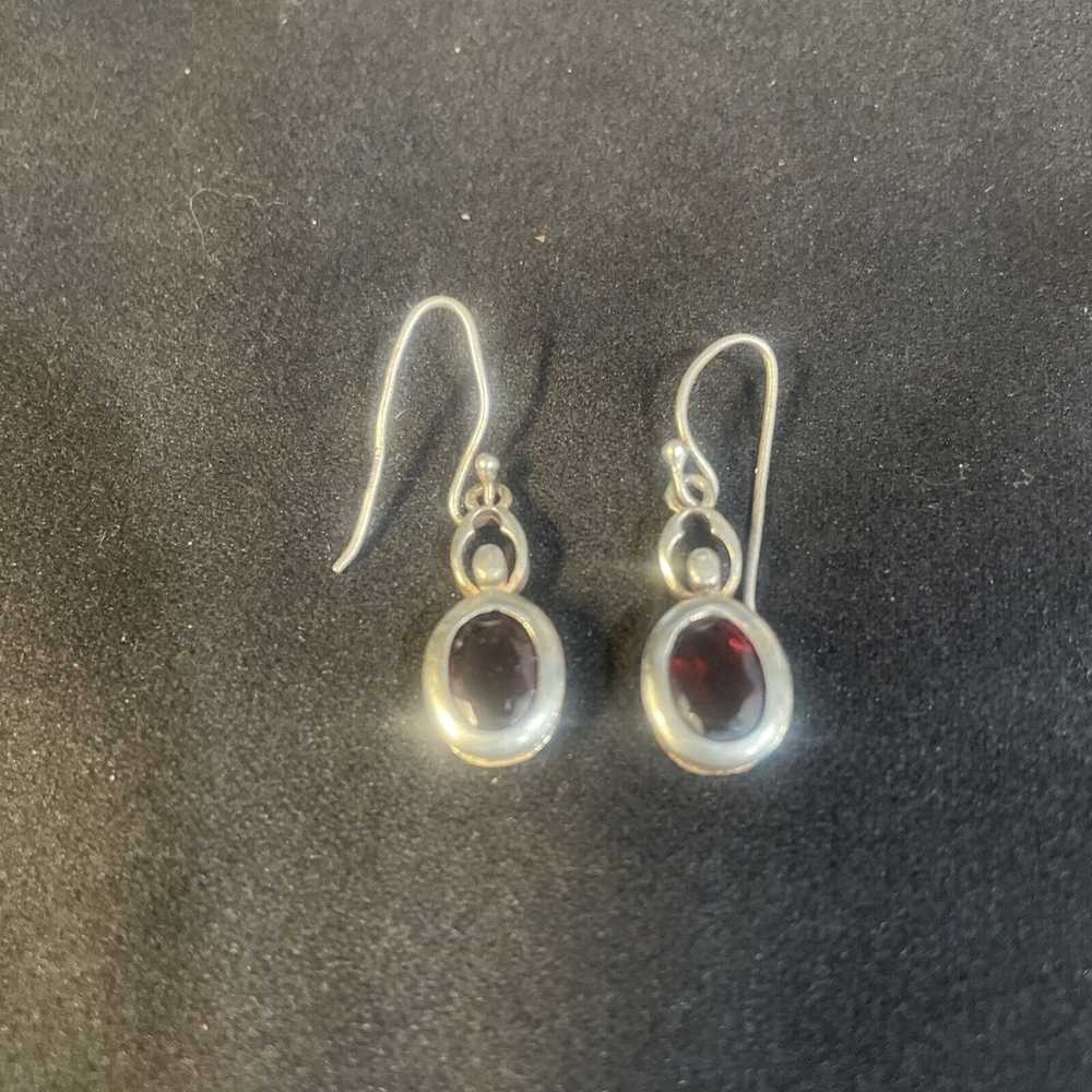 Vintage 925 Sterling Silver & Red Garnet Drop Ear… - image 1