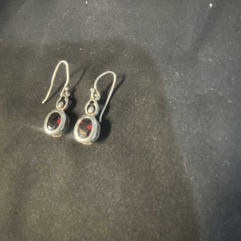 Vintage 925 Sterling Silver & Red Garnet Drop Ear… - image 2