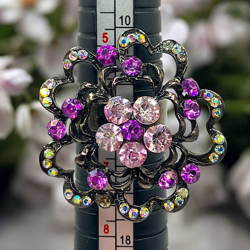 Purple & Clear Rhinestones Flower Cocktail Ring S… - image 1