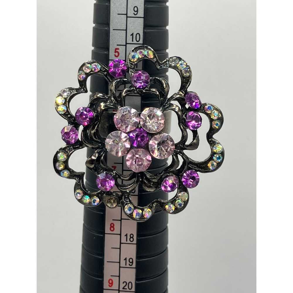 Purple & Clear Rhinestones Flower Cocktail Ring S… - image 2