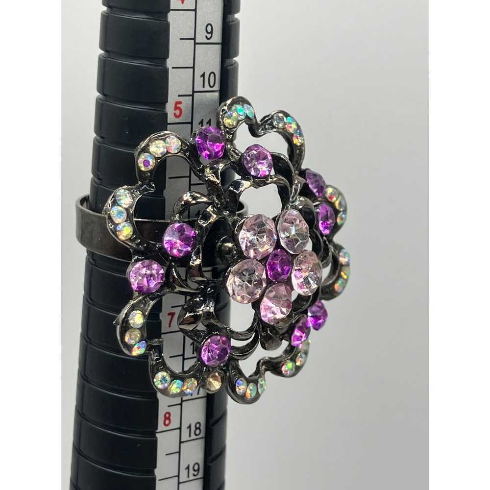 Purple & Clear Rhinestones Flower Cocktail Ring S… - image 3