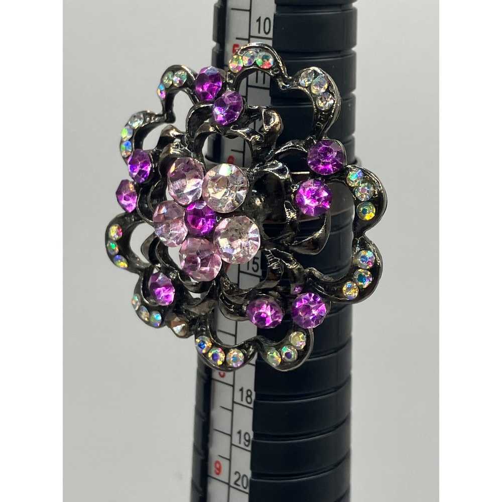 Purple & Clear Rhinestones Flower Cocktail Ring S… - image 4