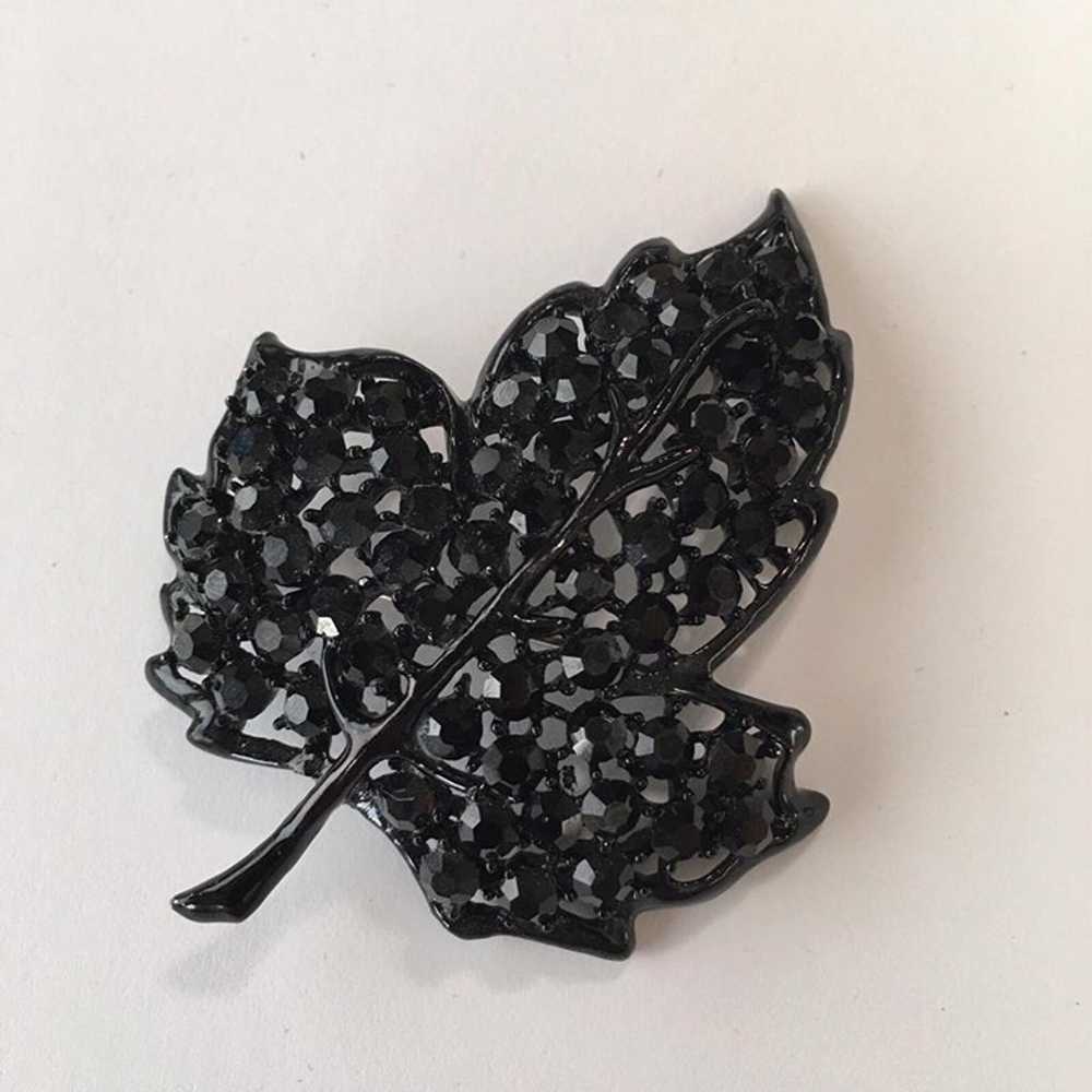 Vintage Brooch Pin Black Leaf Rhinestone Marked W… - image 1