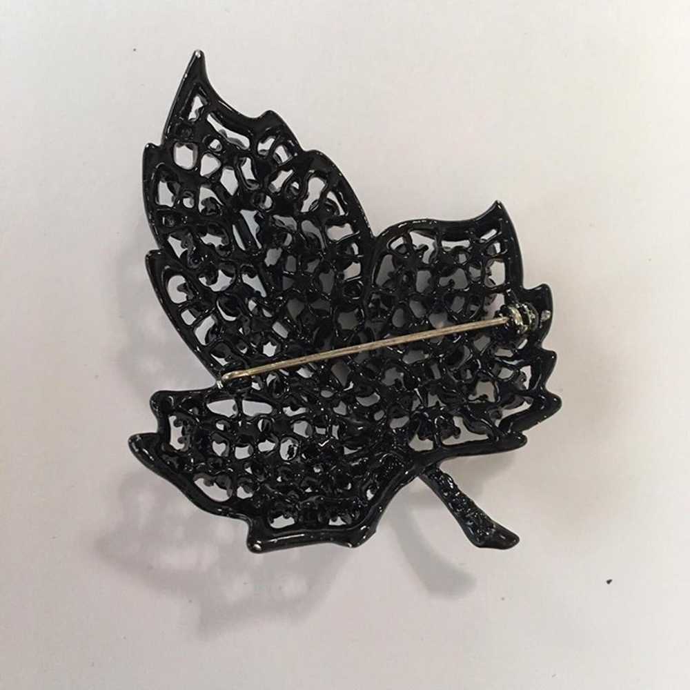 Vintage Brooch Pin Black Leaf Rhinestone Marked W… - image 3