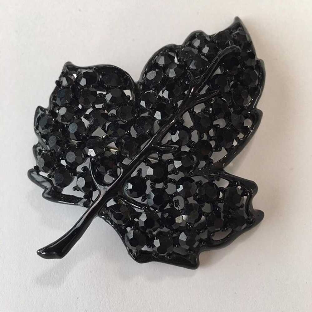 Vintage Brooch Pin Black Leaf Rhinestone Marked W… - image 6