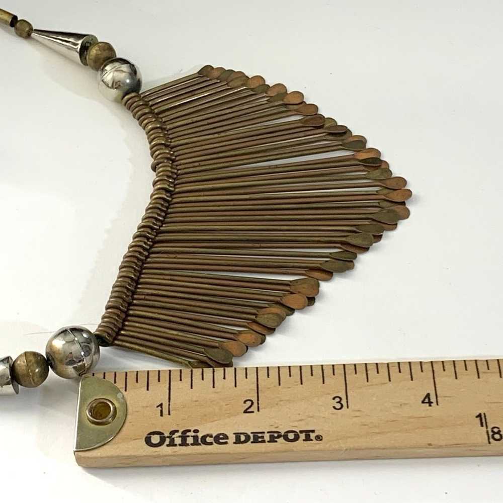 Brass Paddle Fringe Necklace 70’s Leather Cord Br… - image 10