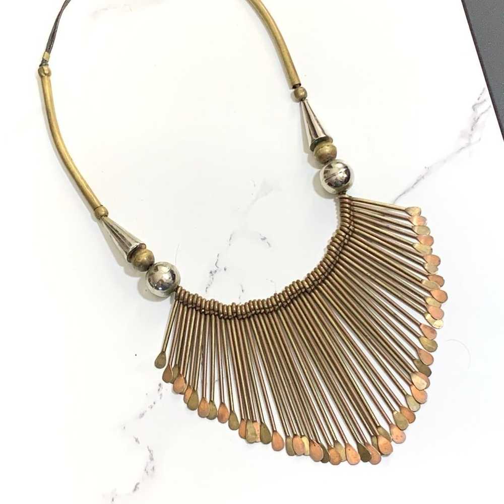 Brass Paddle Fringe Necklace 70’s Leather Cord Br… - image 1