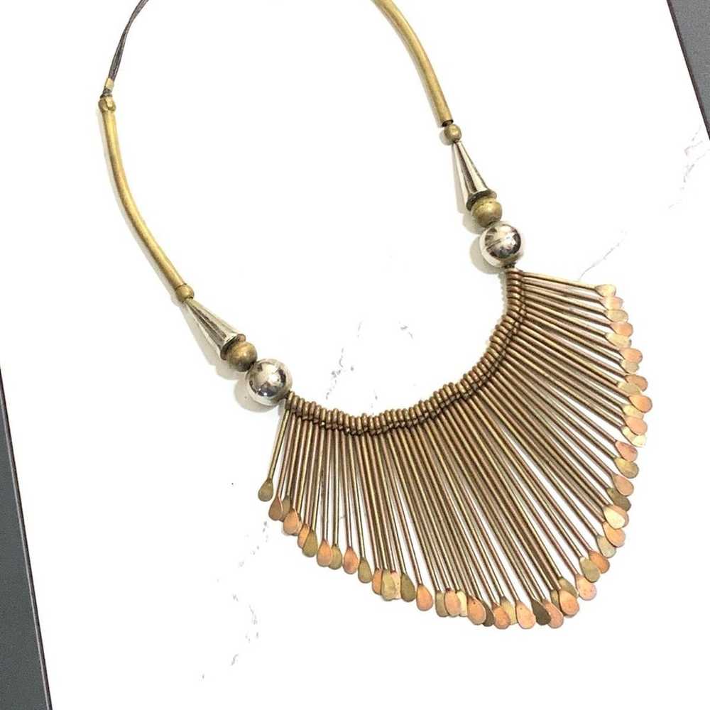 Brass Paddle Fringe Necklace 70’s Leather Cord Br… - image 2