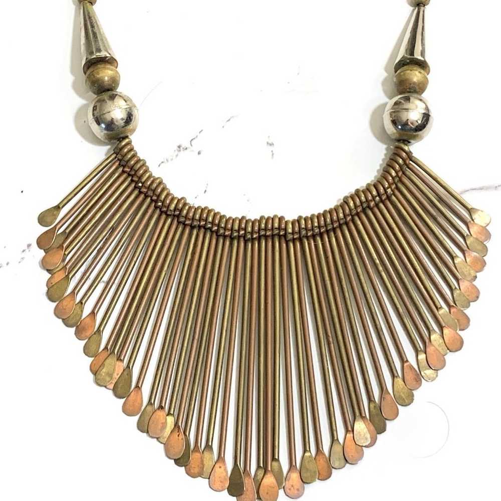 Brass Paddle Fringe Necklace 70’s Leather Cord Br… - image 3