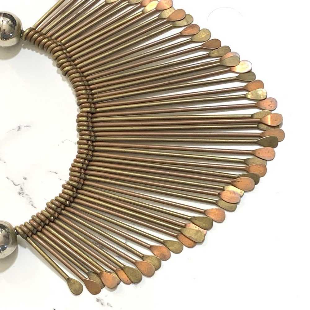 Brass Paddle Fringe Necklace 70’s Leather Cord Br… - image 4