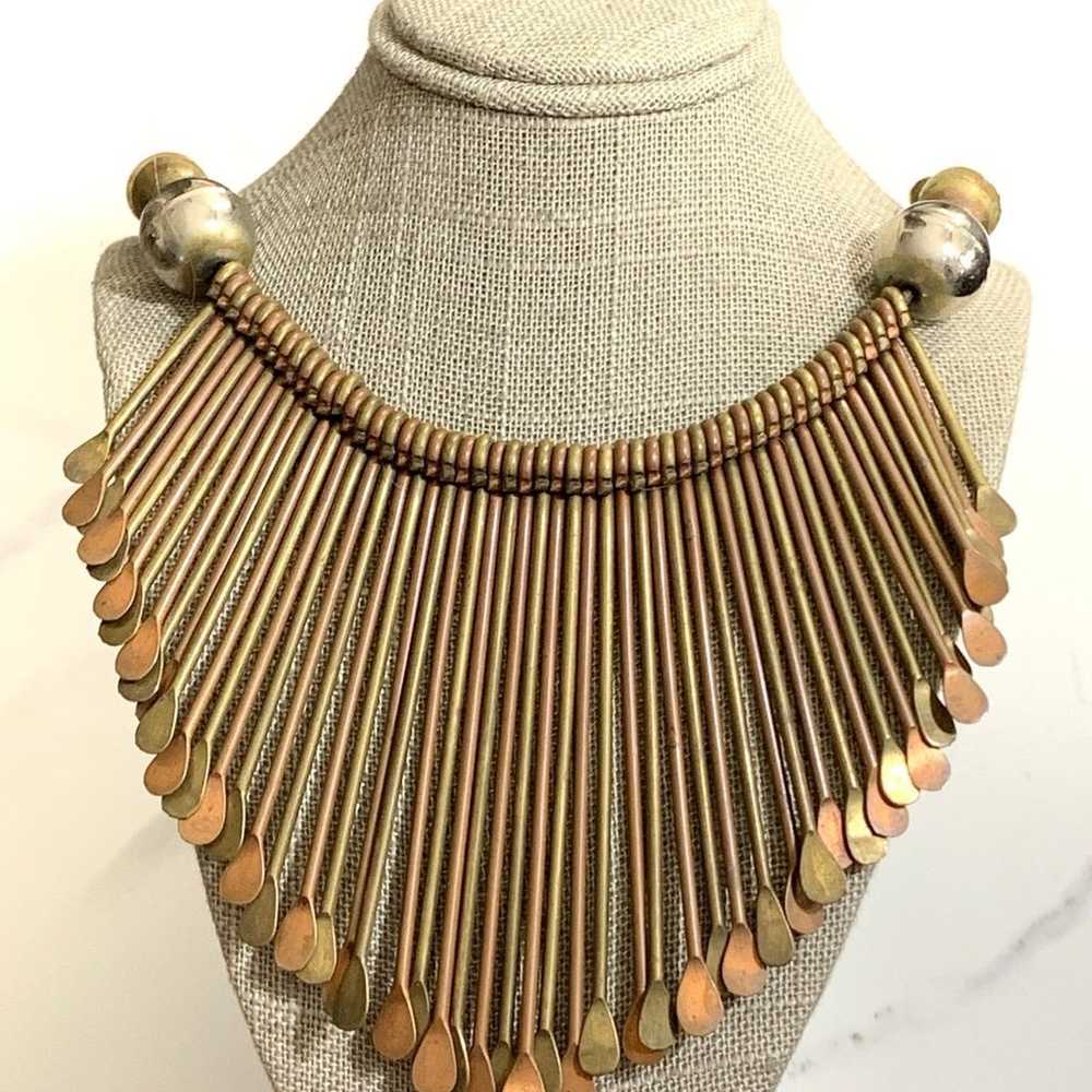 Brass Paddle Fringe Necklace 70’s Leather Cord Br… - image 6