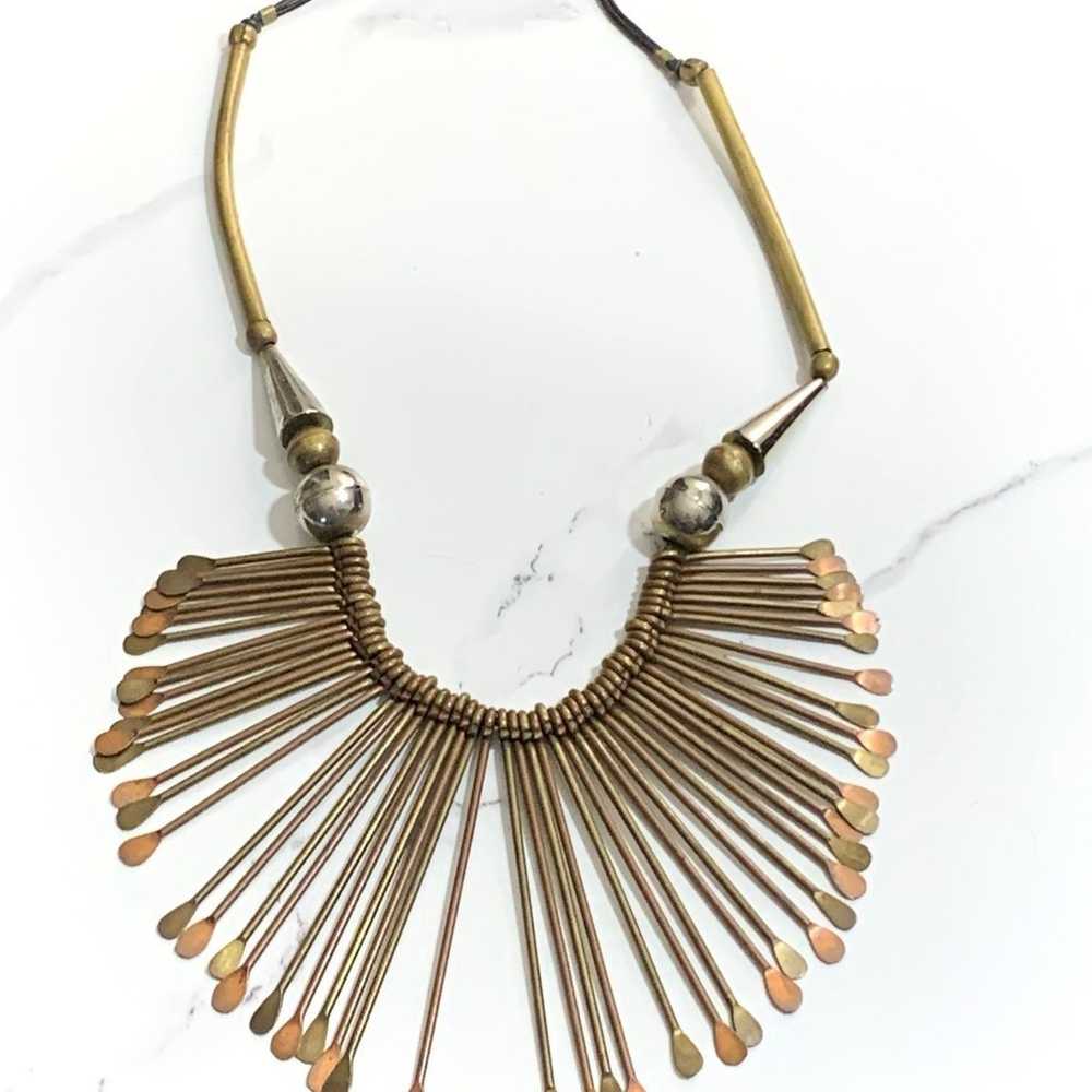 Brass Paddle Fringe Necklace 70’s Leather Cord Br… - image 7