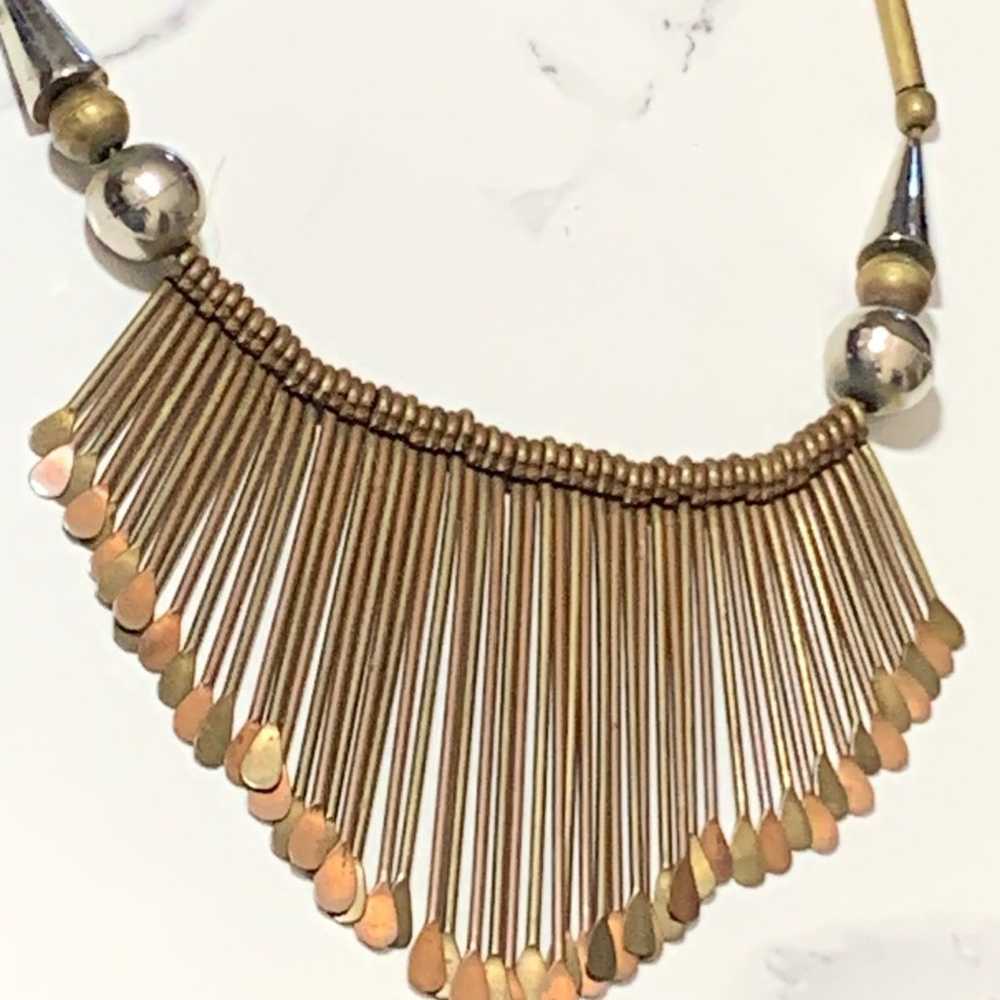 Brass Paddle Fringe Necklace 70’s Leather Cord Br… - image 9