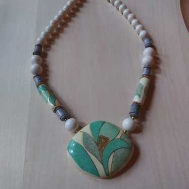 Vintage ceramic flower beaded necklace - image 1