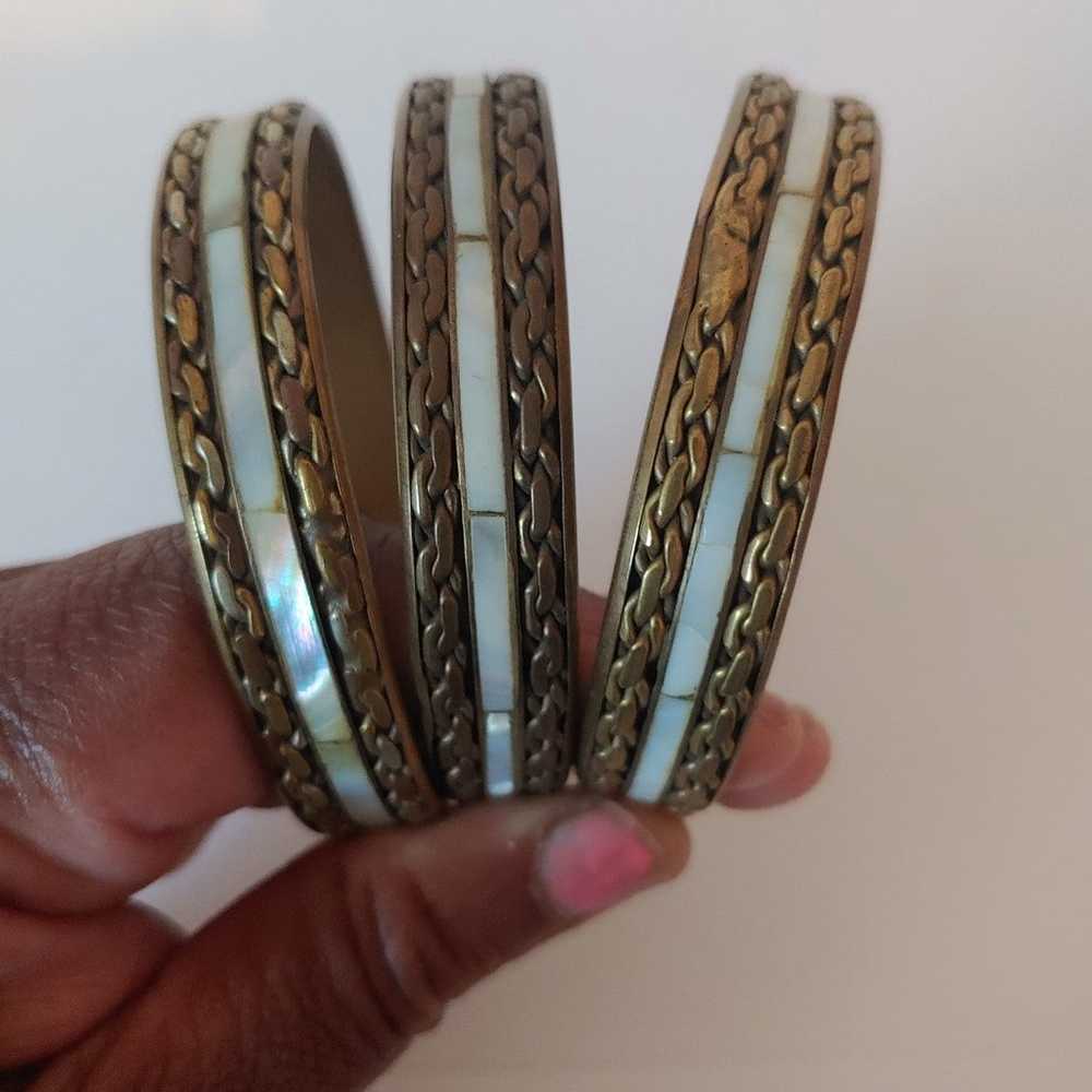 Vintage Mother of Pearl Brass Bracelets Set of 3 - image 1