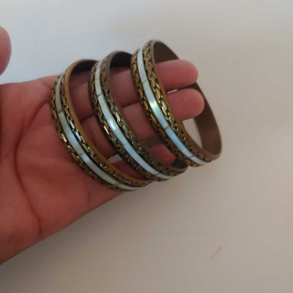 Vintage Mother of Pearl Brass Bracelets Set of 3 - image 2