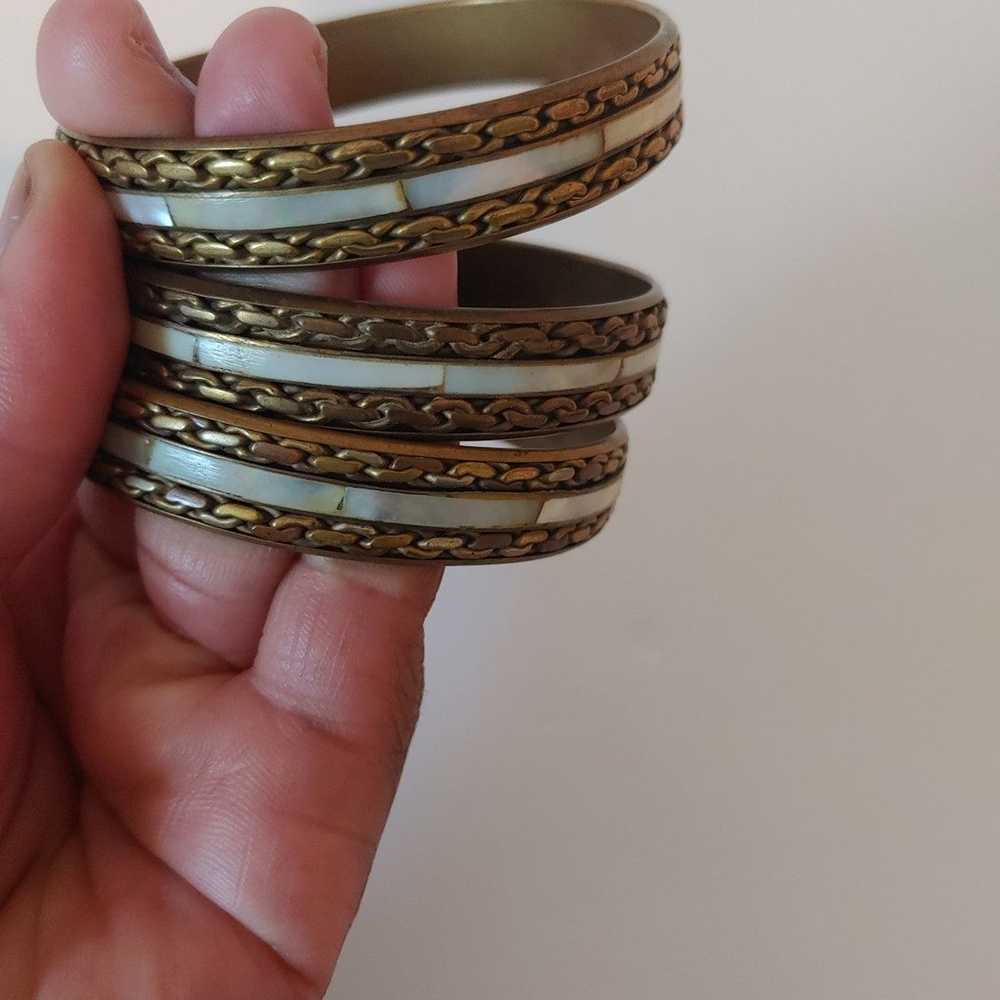 Vintage Mother of Pearl Brass Bracelets Set of 3 - image 3