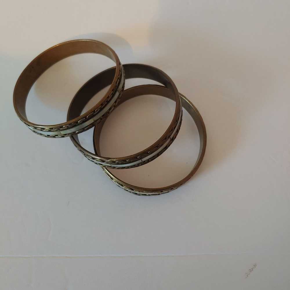 Vintage Mother of Pearl Brass Bracelets Set of 3 - image 5