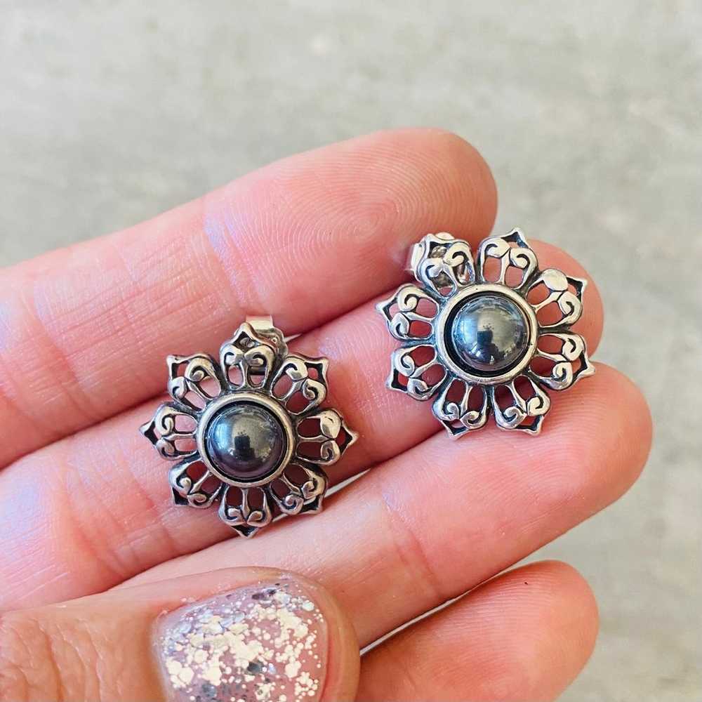 Artisan Vintage Sterling Silver & Hematite Floral… - image 1