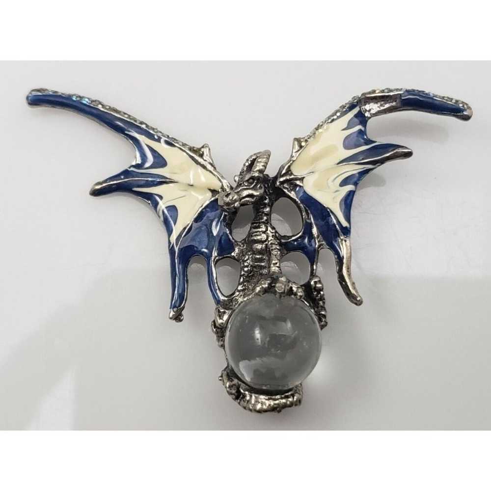 Dragon Clear Crystal Ball Pendant Pewter Tone Blu… - image 10