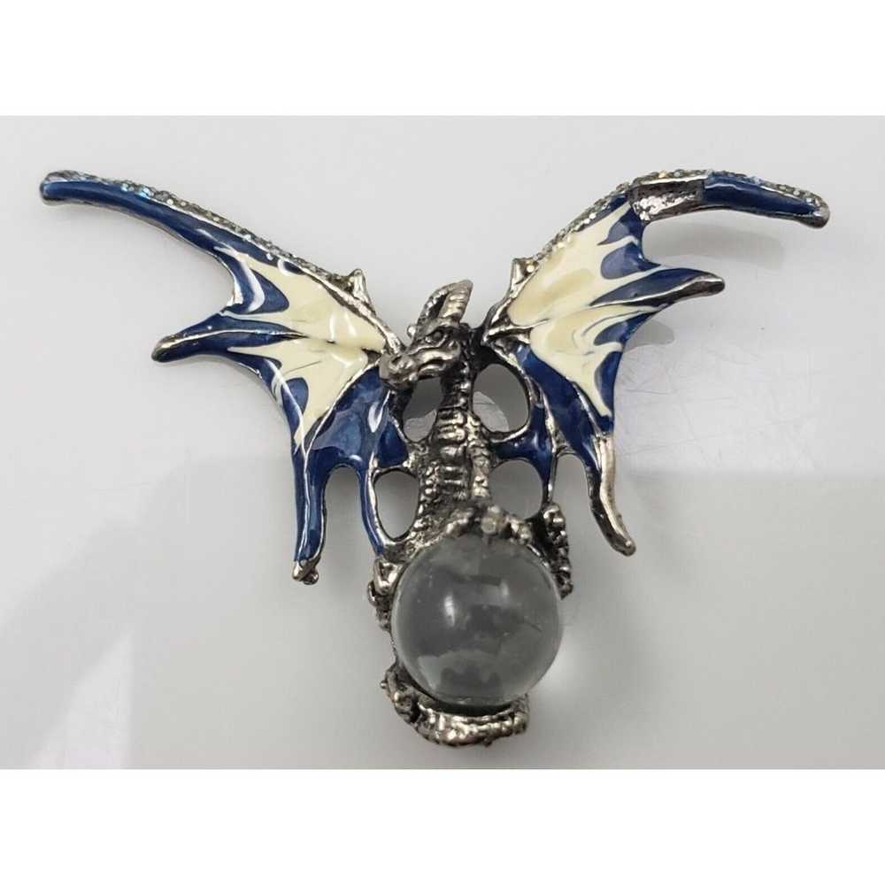 Dragon Clear Crystal Ball Pendant Pewter Tone Blu… - image 11