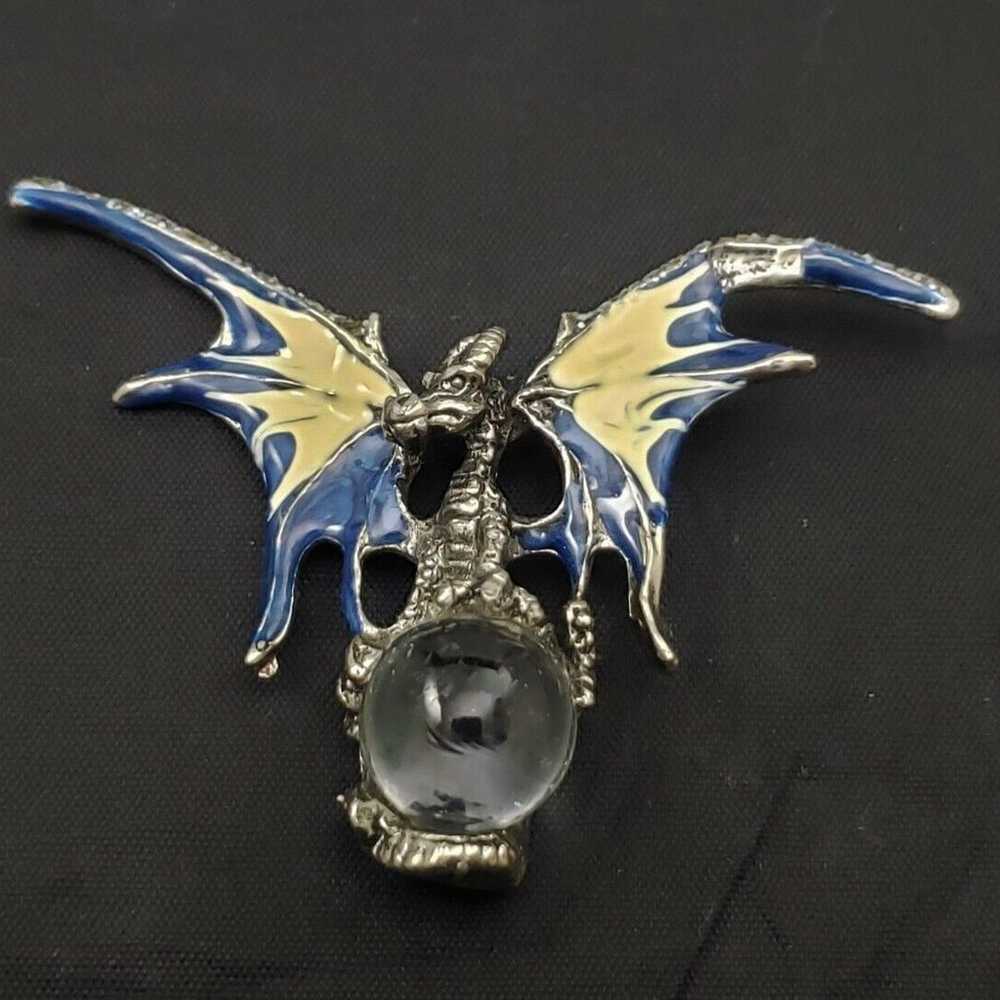 Dragon Clear Crystal Ball Pendant Pewter Tone Blu… - image 12