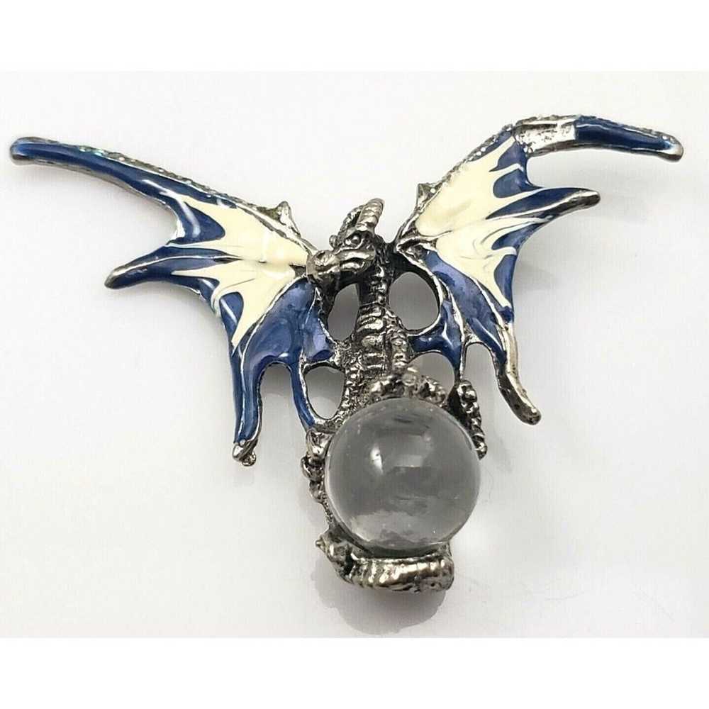 Dragon Clear Crystal Ball Pendant Pewter Tone Blu… - image 1