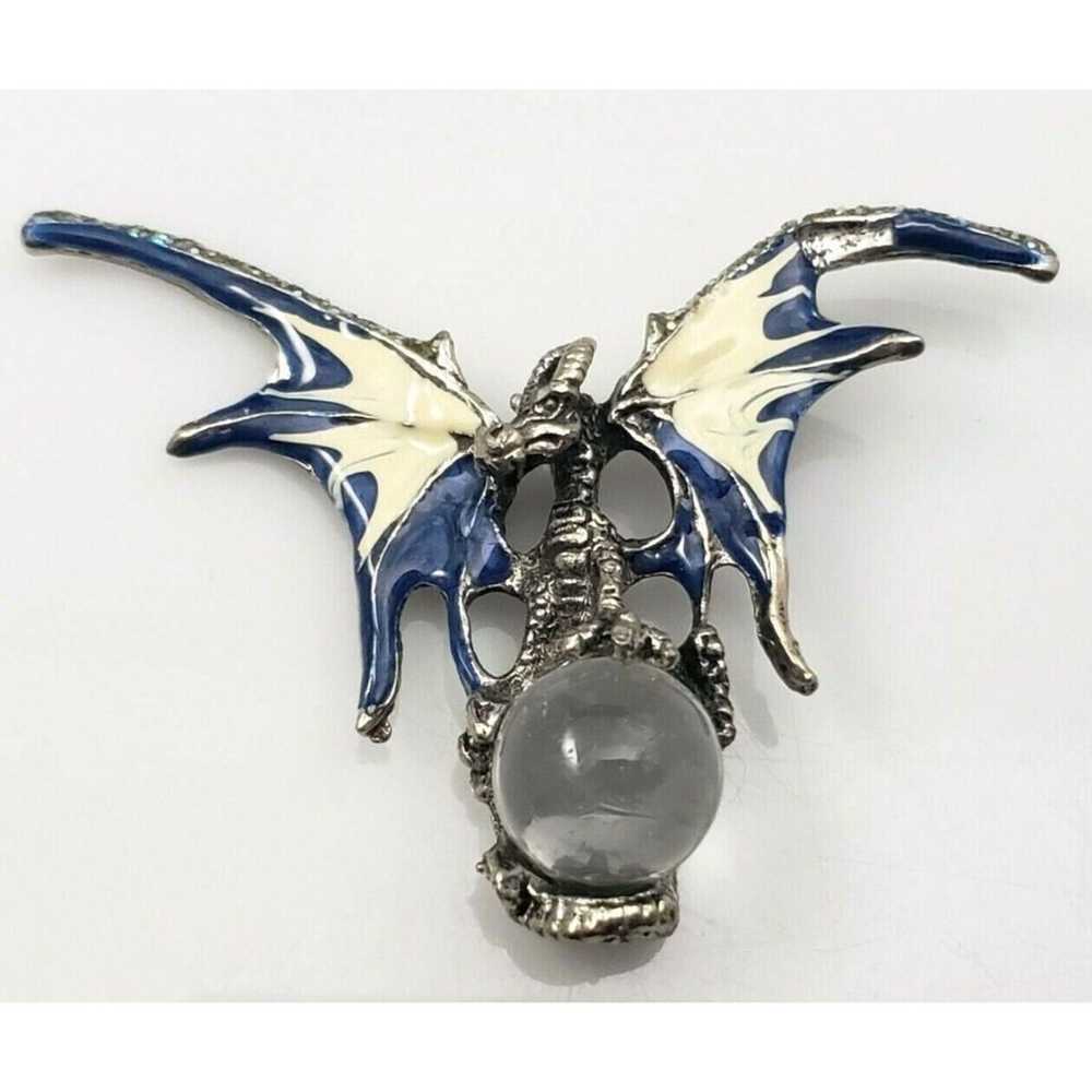 Dragon Clear Crystal Ball Pendant Pewter Tone Blu… - image 2