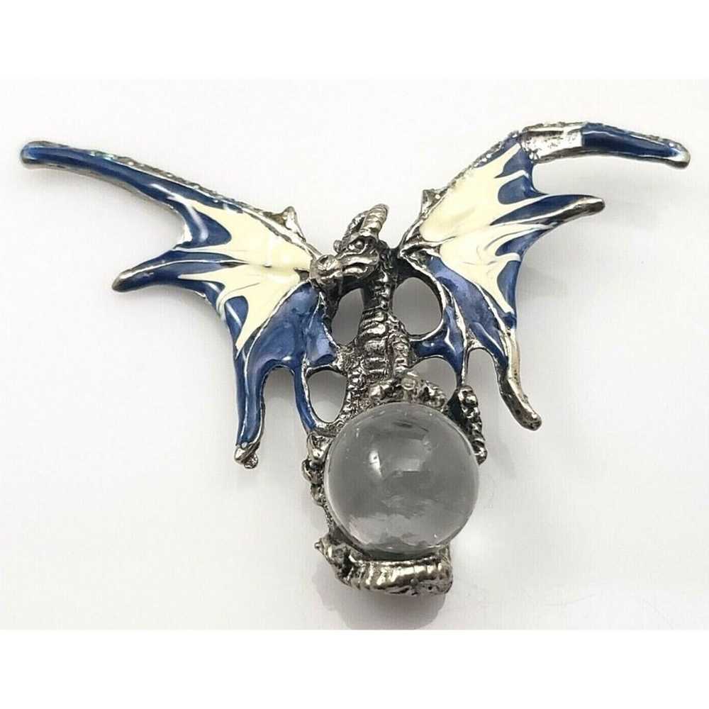 Dragon Clear Crystal Ball Pendant Pewter Tone Blu… - image 3