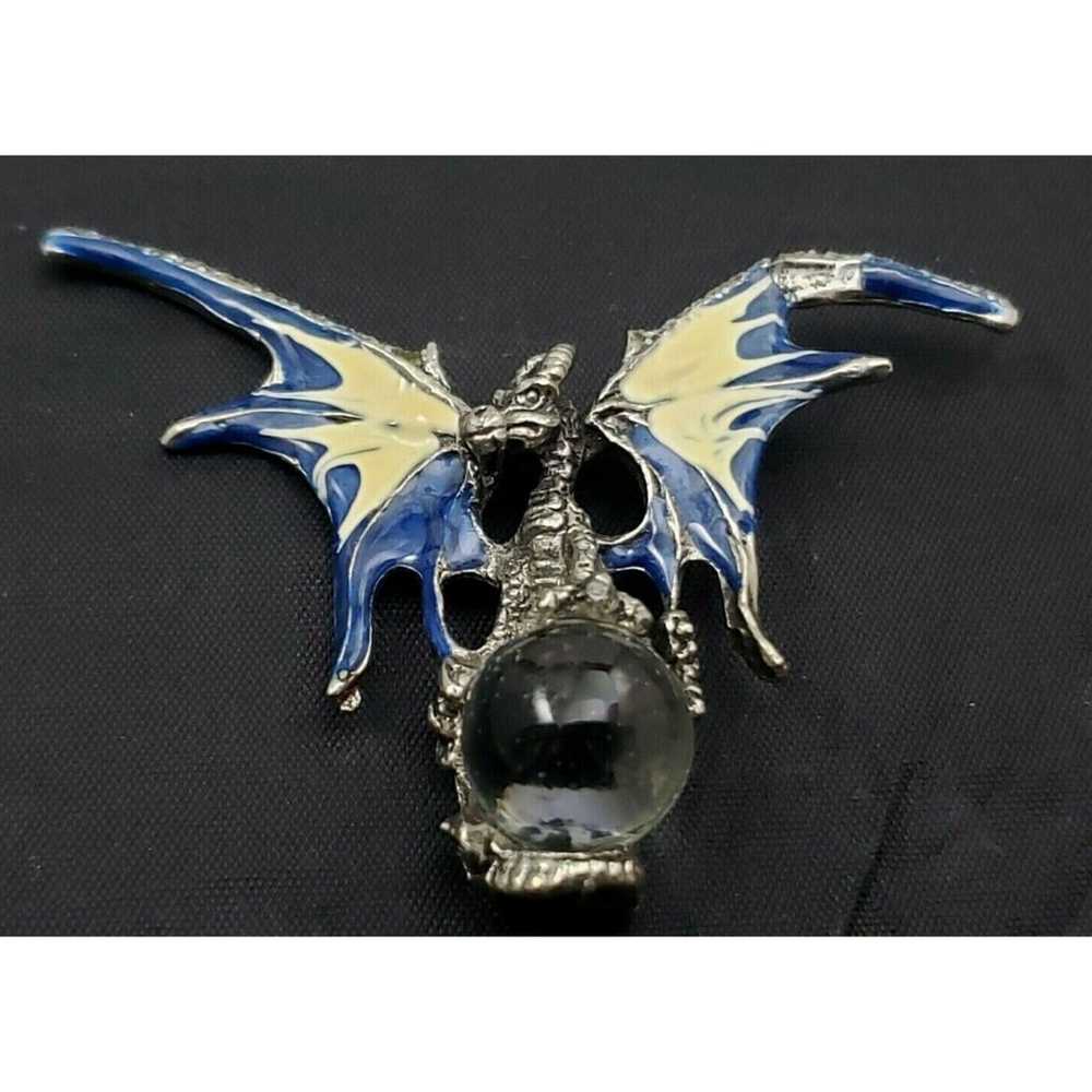 Dragon Clear Crystal Ball Pendant Pewter Tone Blu… - image 6