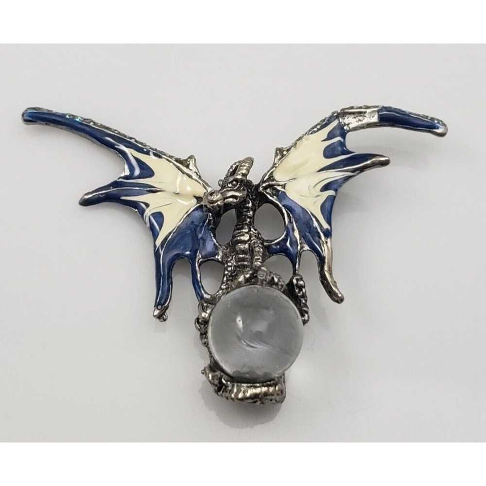 Dragon Clear Crystal Ball Pendant Pewter Tone Blu… - image 9