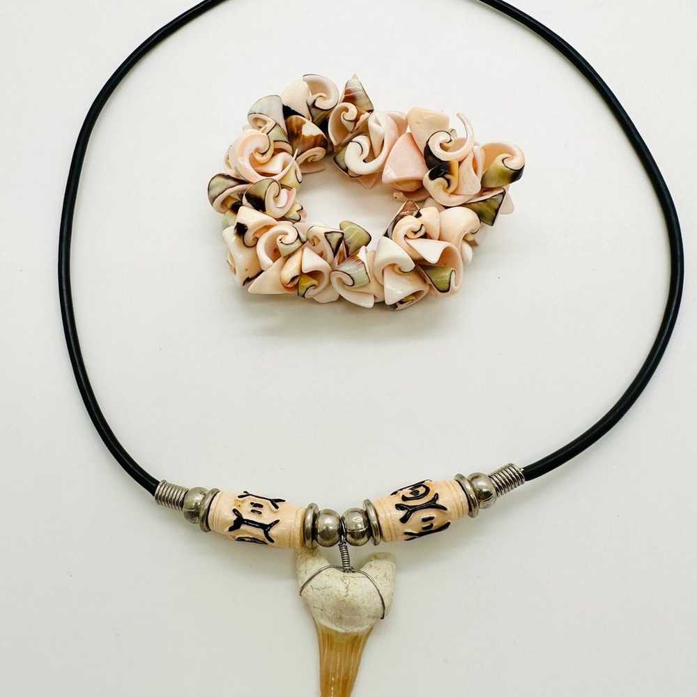 Shark Tooth Necklace & Shell Stretch Bracelet - image 1