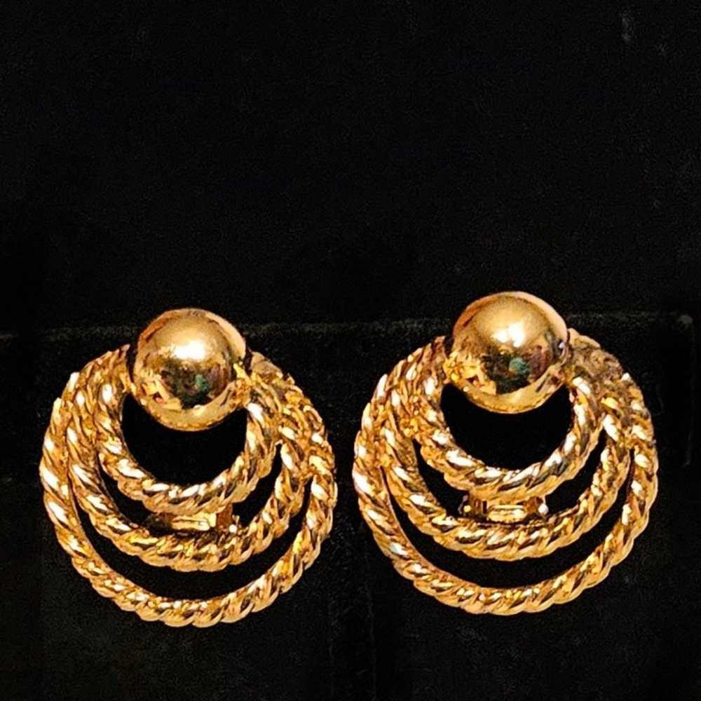 Vintage Gold Tone Triple Rope Hoop Clip-On Earrin… - image 1