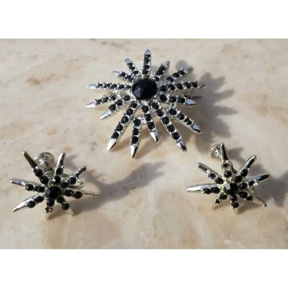 Silver tone Brooch Earrings Star Flower Black Rhi… - image 1