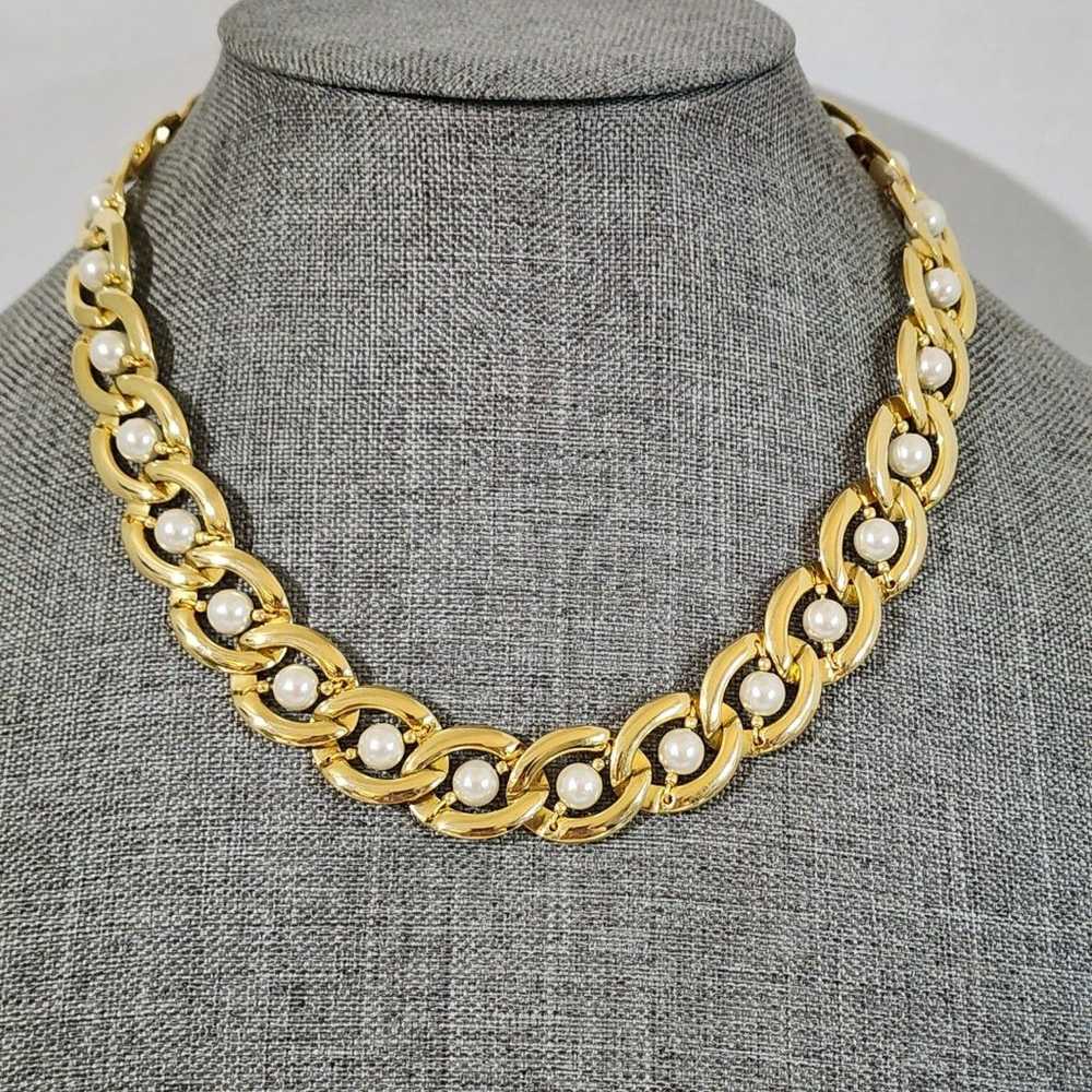 Vintage Choker Necklace Gold Tone Swirl Link With… - image 1