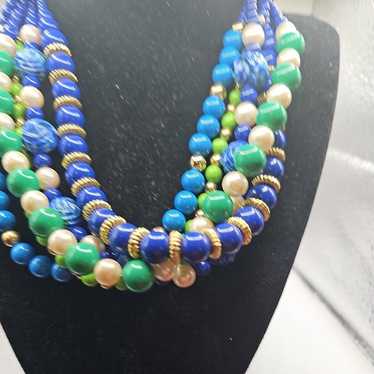 Vintage Necklace  Multi  5 Strand  Coker Blue  Gr… - image 1