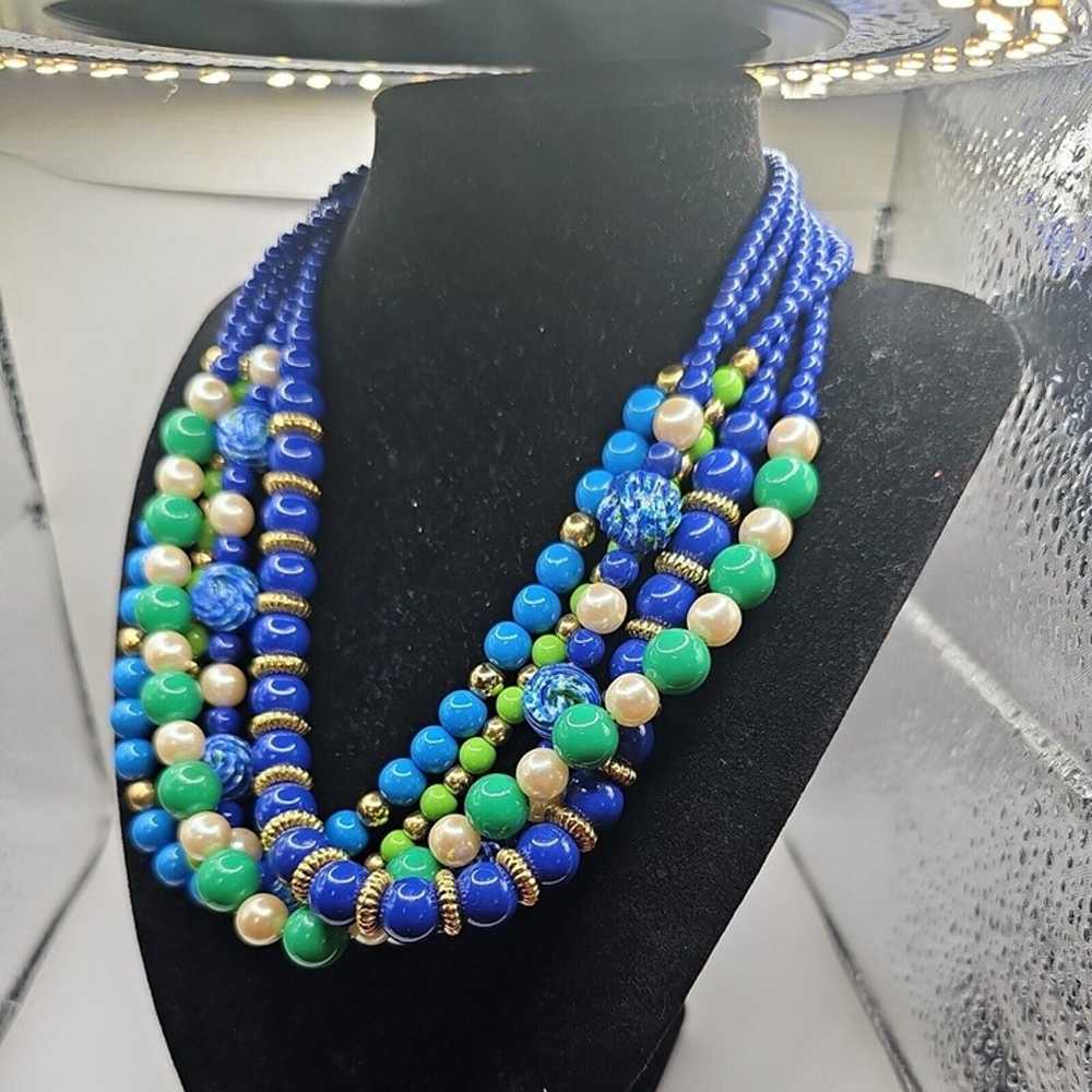 Vintage Necklace  Multi  5 Strand  Coker Blue  Gr… - image 7