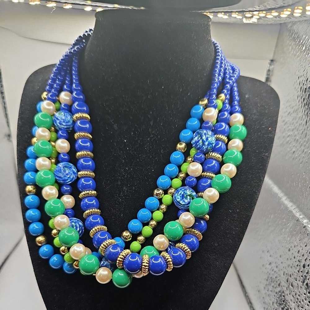 Vintage Necklace  Multi  5 Strand  Coker Blue  Gr… - image 8