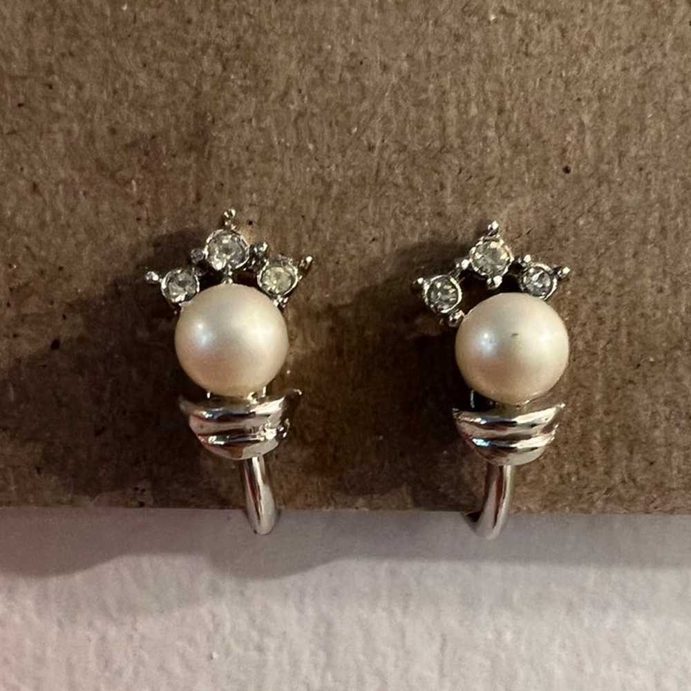 Trifari Vintage Faux Pearl and Rhinestone Earrings - image 1