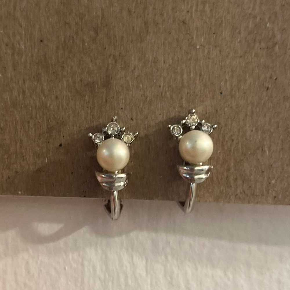 Trifari Vintage Faux Pearl and Rhinestone Earrings - image 3