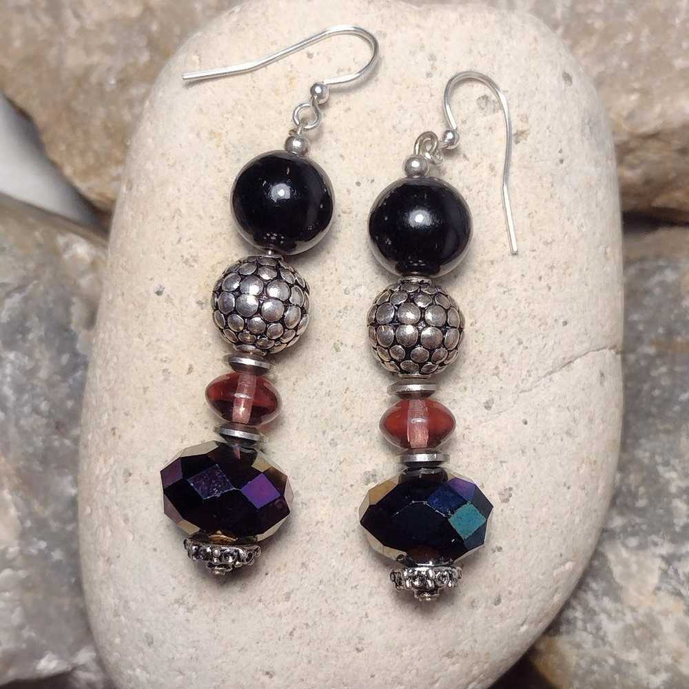 Sterling Silver Vintage Glass Beaded Dangle Earri… - image 1