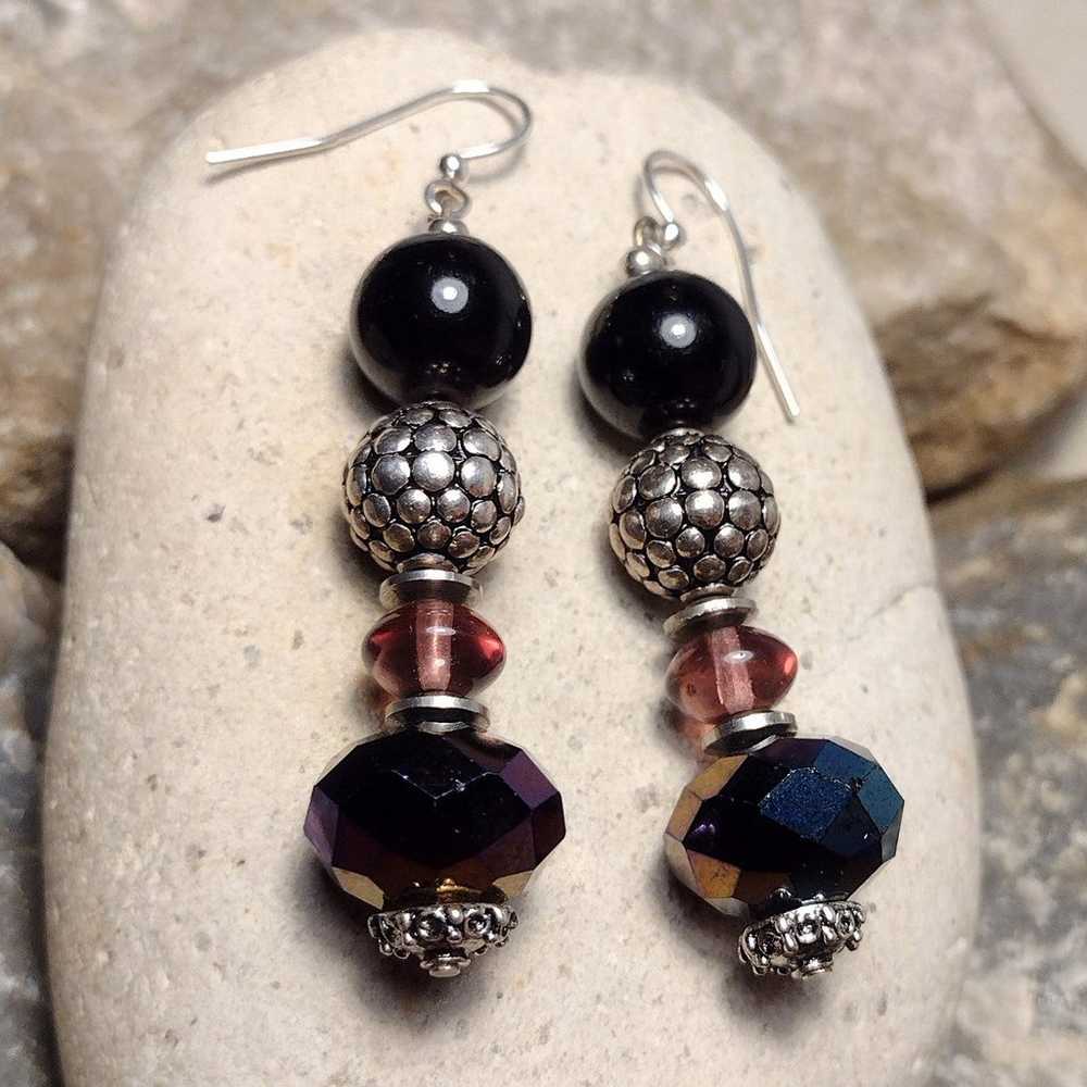 Sterling Silver Vintage Glass Beaded Dangle Earri… - image 3